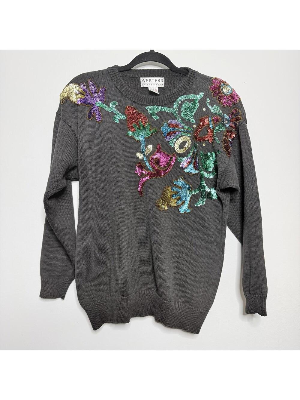 Western Connection Vtg 80s Sequin Floral Gray Knit Sweater Ramie Cotton M